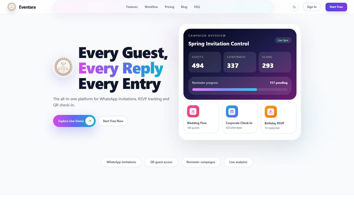 Capture d'écran de Eventara : Invitations WhatsApp, suivi RSVP, segmentation des invités et check-in QR pour organisateurs…
