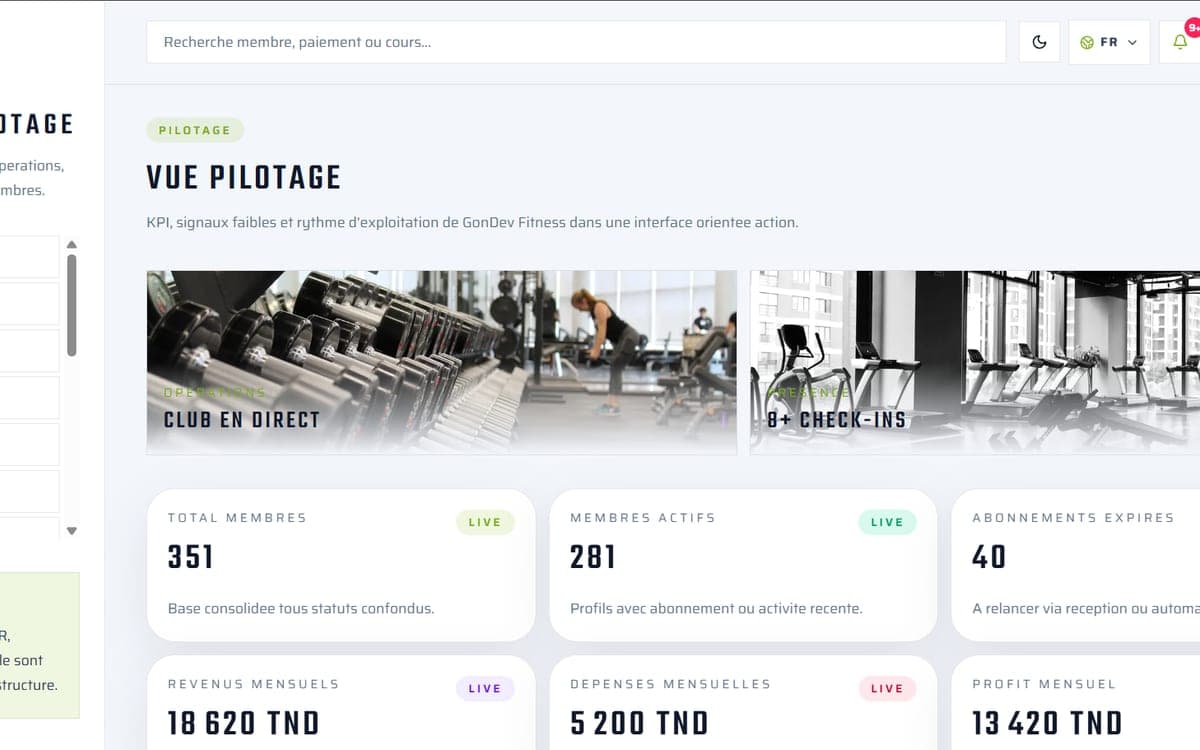 Capture d'écran de GonDev Fitness : Logiciel de gestion de salle de sport : site web, membres, abonnements, paiements…