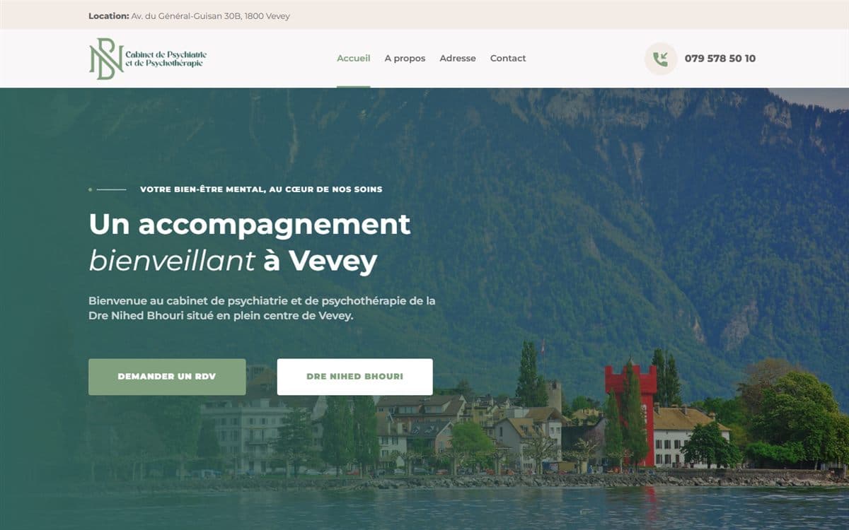 Capture d'écran de Dre Nihed Bhouri : Site du cabinet de psychiatrie et psychothérapie de la Dre Nihed Bhouri à Vevey…
