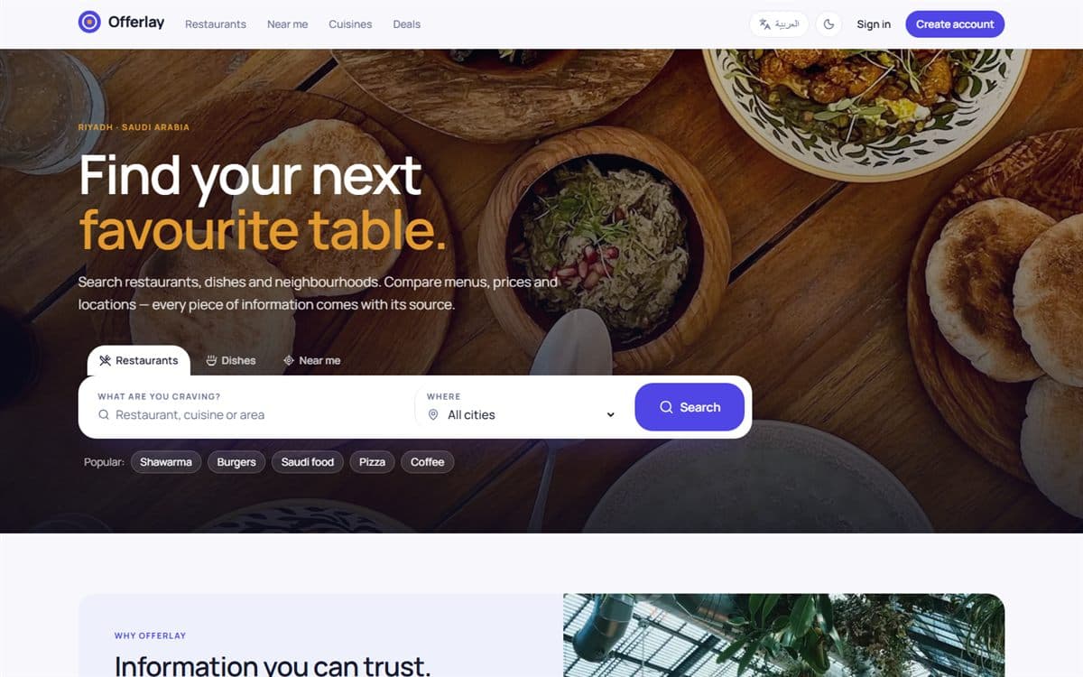 Capture d'écran de Offerlay : Guide et comparateur de restaurants à Riyad, arabe / anglais : menus, prix, distances et…