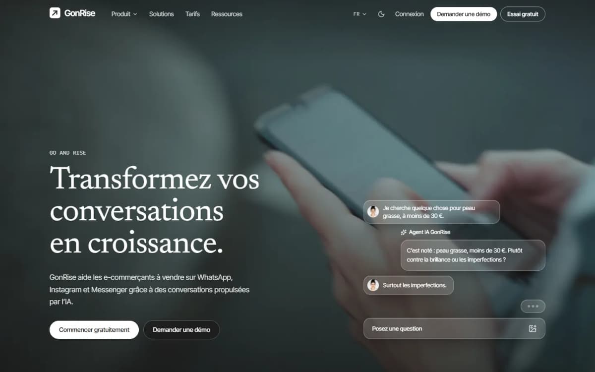 Capture d'écran de GonRise : Commerce conversationnel IA : agent commercial, inbox unifiée WhatsApp / Instagram / Messenger…