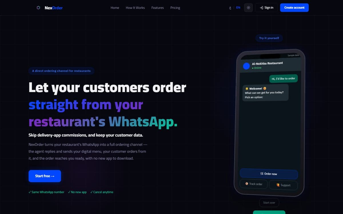 Capture d'écran de NexOrder AI : Canal de commande WhatsApp pour restaurants : agent IA, menu digital et commandes reçues…