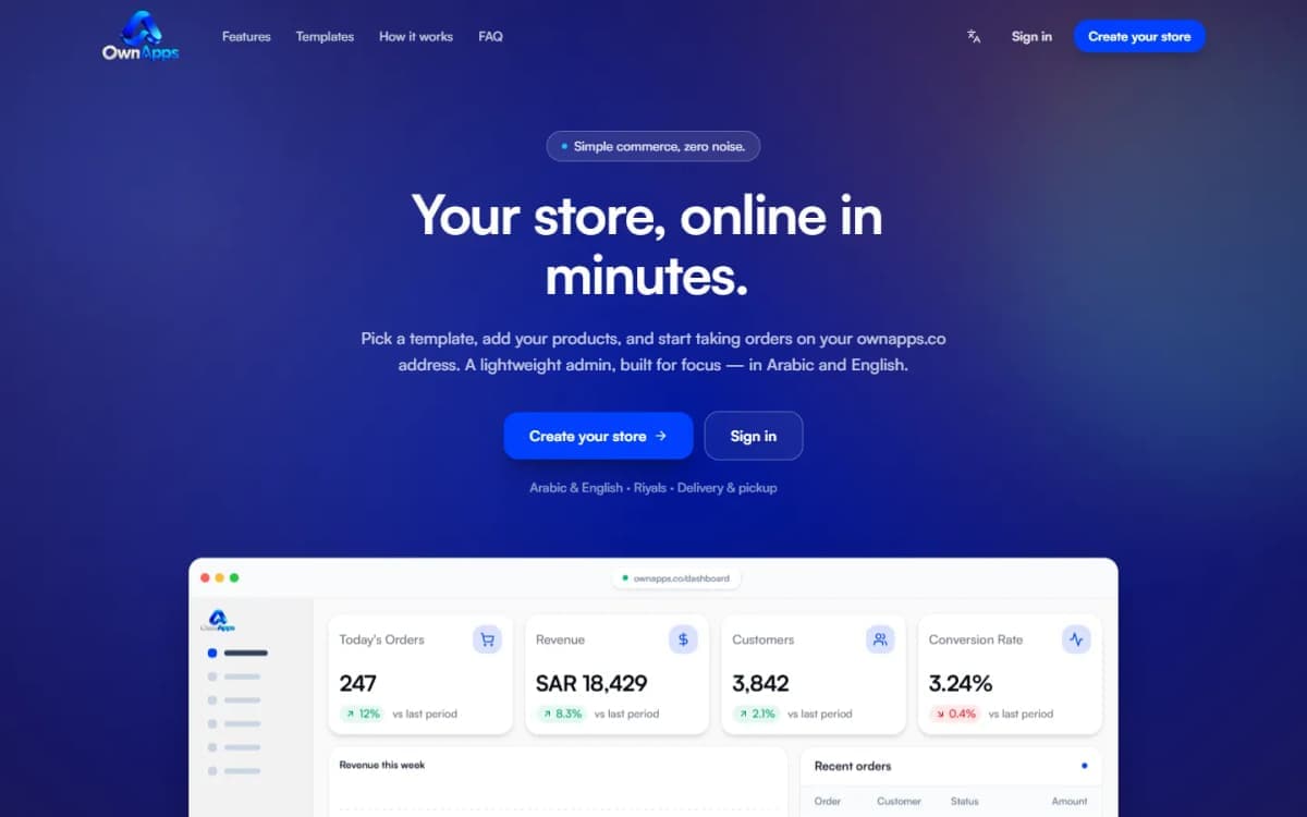Capture d'écran de OwnApps : Créateur de boutiques et de sites de commande : 16 templates, arabe / anglais RTL, suivi de…